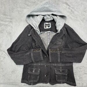 Madison Denim Jacket With Removable‎ Hoodie Dark Grey Button Front